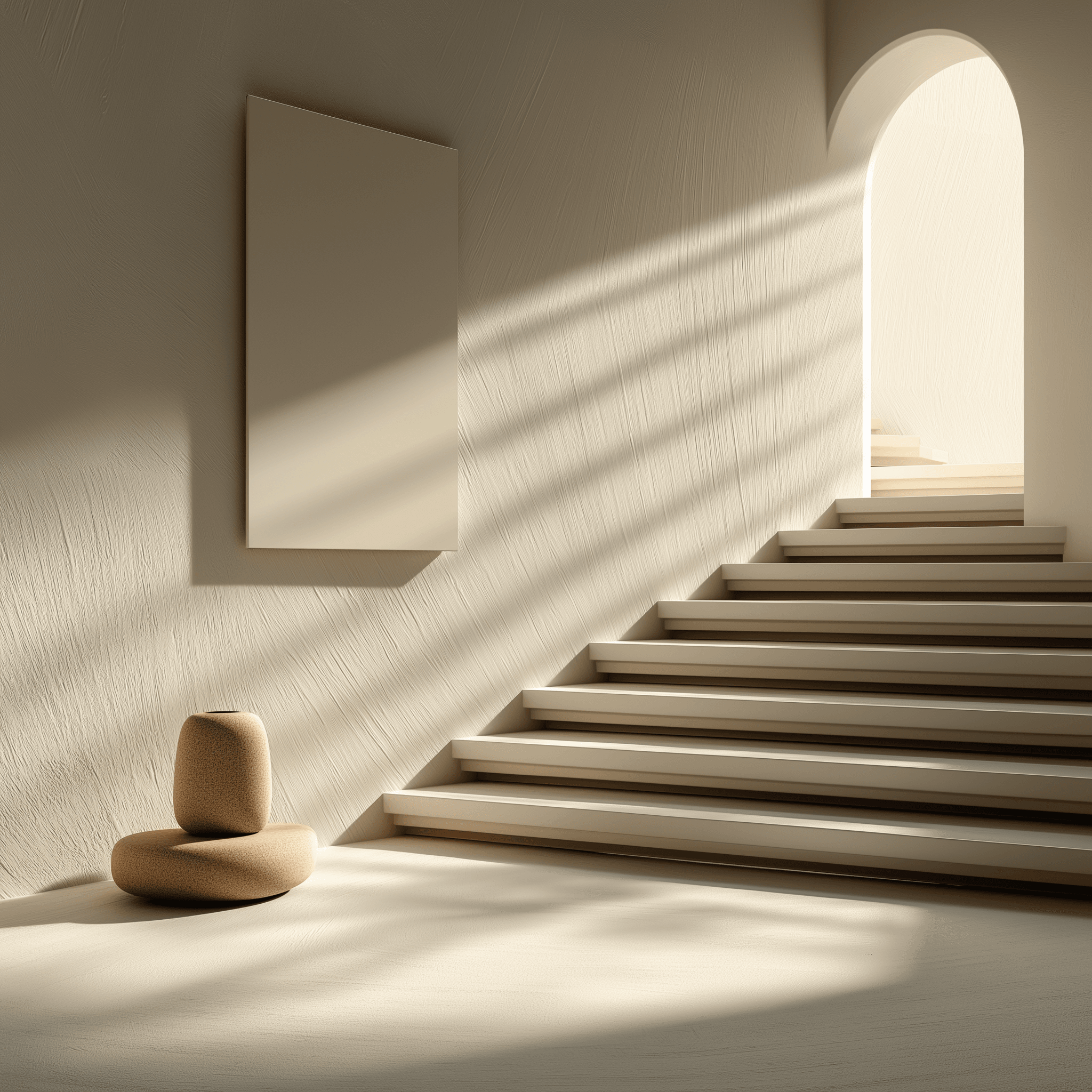 Minimal interior with stairs leading toward a bright archway